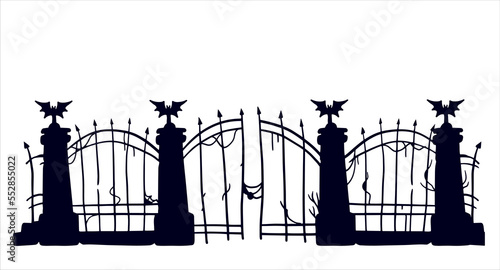 Old fence of cemetery. Halloween decoration. Black silhouette of gloomy wall.