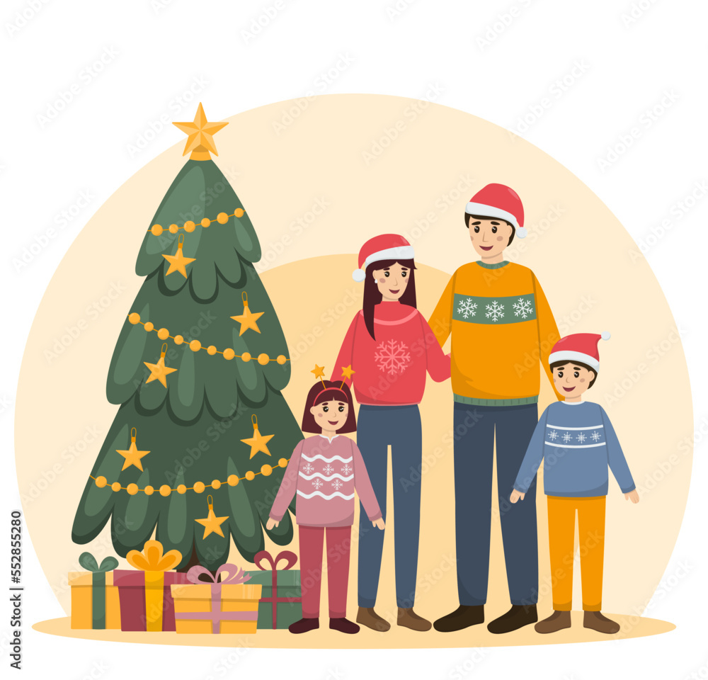 The family stands in front of a Christmas tree with gifts. Mom, dad, son and daughter. New Year and Christmas. Vector illustracion The family stands in front of a Christmas tree with gifts. Mom, dad, son and daughter. New Year and Christmas. Vector illustracion