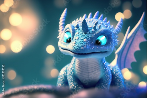Cute luminescent blue baby dragon creature, generative ai. © FantasyEmporium