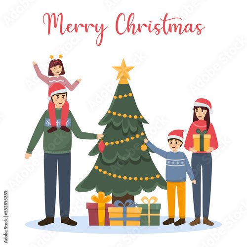 The family decorates the Christmas tree. Mom, dad, son and daughter. New Year and Christmas. Vector illustracion