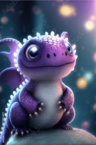 Cute luminescent purple baby dragon creature, generative ai. © FantasyEmporium