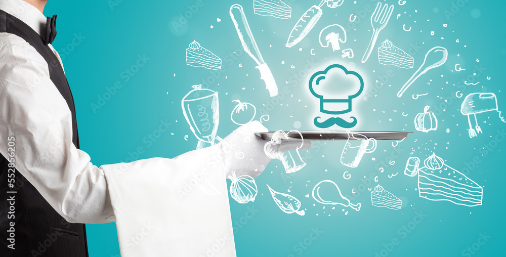 Waiter holding silver tray with food icons above Waiter holding silver tray with food icons above