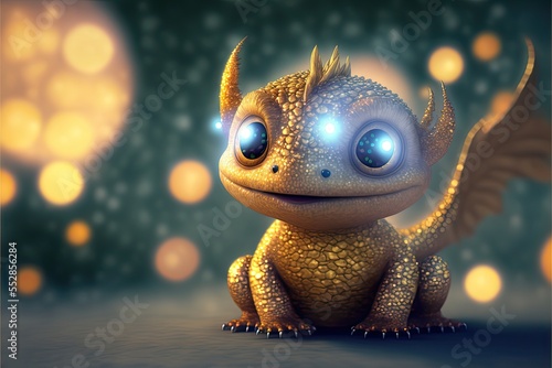 Baby dragon creature, golden colors, sparkly scales, generative ai. © FantasyEmporium