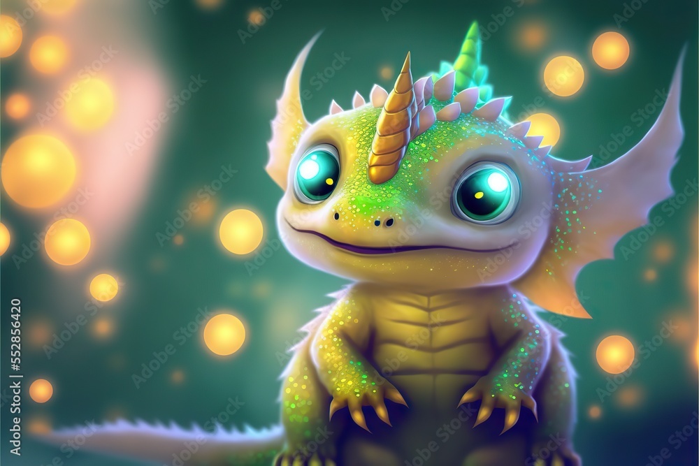 Baby dragon creature, golden and green colors, sparkly scales, generative ai. Baby dragon creature, golden and green colors, sparkly scales, generative ai.