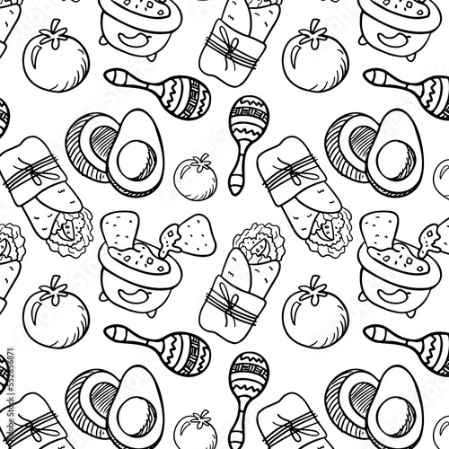 Mexican food coloring page. Nachos with guacamole, burito. Print, background, pattern of mexican food