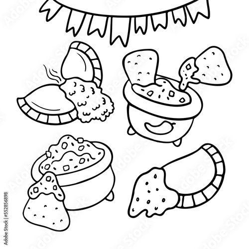 Mexican food coloring page. Nachos with guacamole, tomato salsa. Empanadas. Doodle style