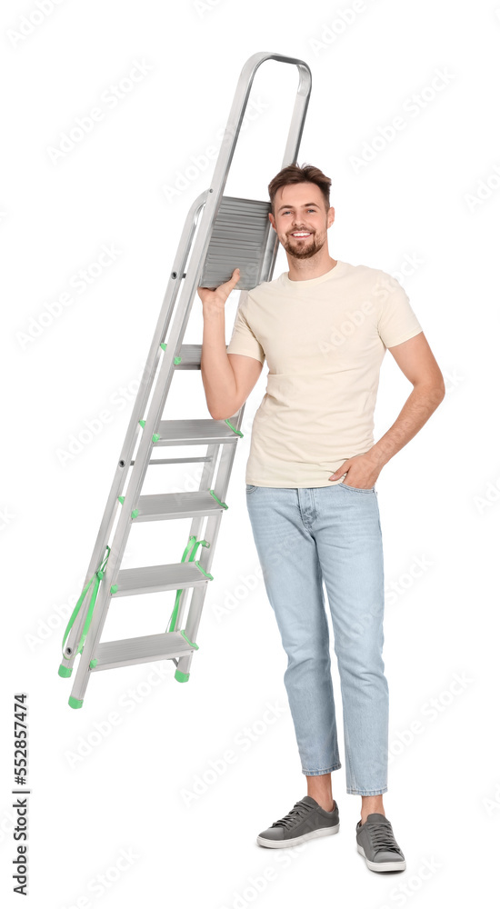 Young handsome man holding metal ladder on white background Young handsome man holding metal ladder on white background
