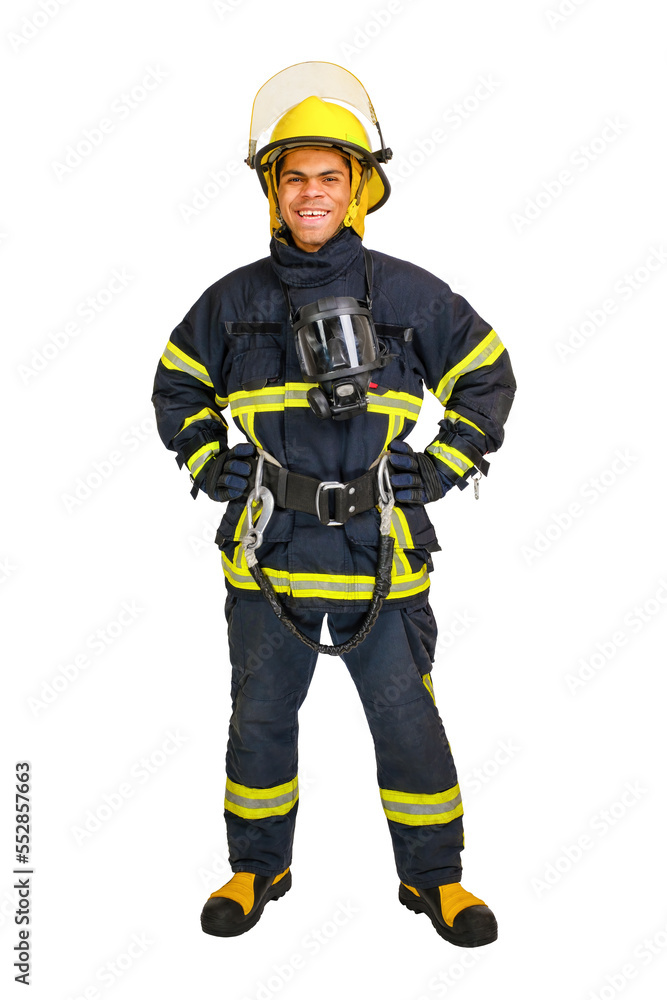 Full body young smiling African-American fireman in a fireproof uniform stands and looks at the camera. Isolated on white, vertical orientation Full body young smiling African-American fireman in a fireproof uniform stands and looks at the camera. Isolated on white, vertical orientation