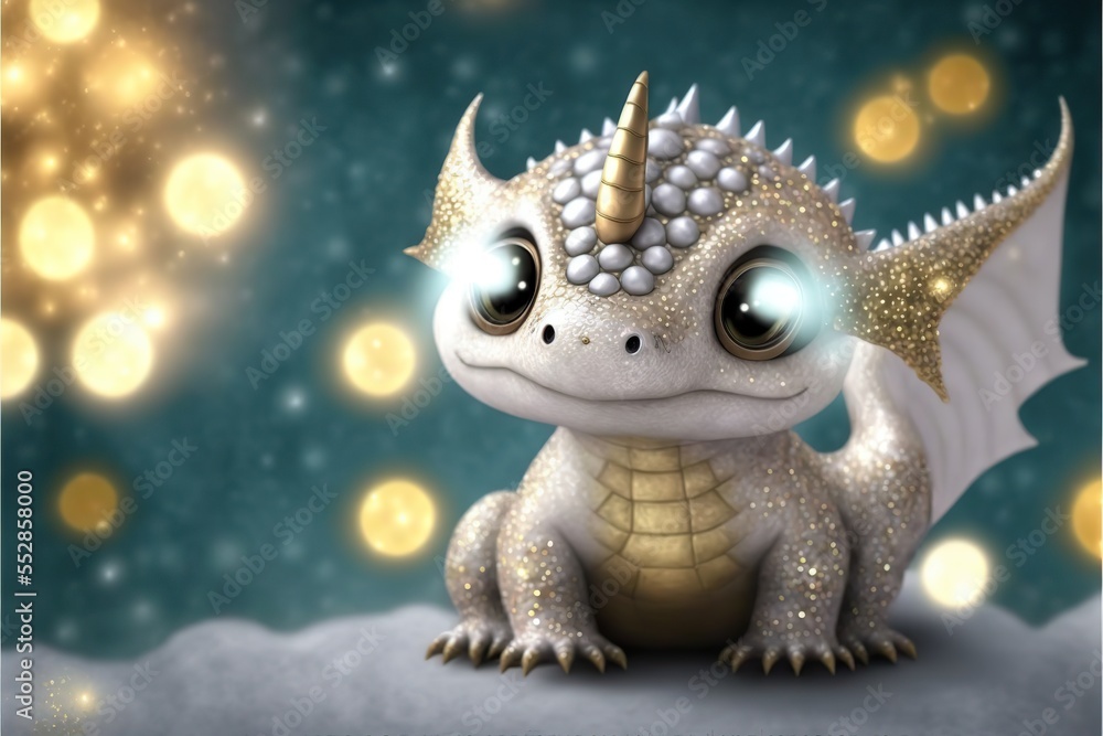 Naklejka premium Cute luminescent silver baby dragon looking creature, generative ai.