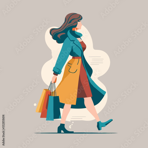 fashionable woman shopping carrying bags. Concept of shopping addiction, shopaholic vector flat style illustration