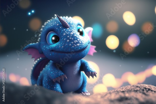 Cute luminescent blue baby dragon looking creature  generative ai.