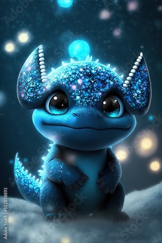 Cute luminescent blue baby dragon looking creature, generative ai. © FantasyEmporium