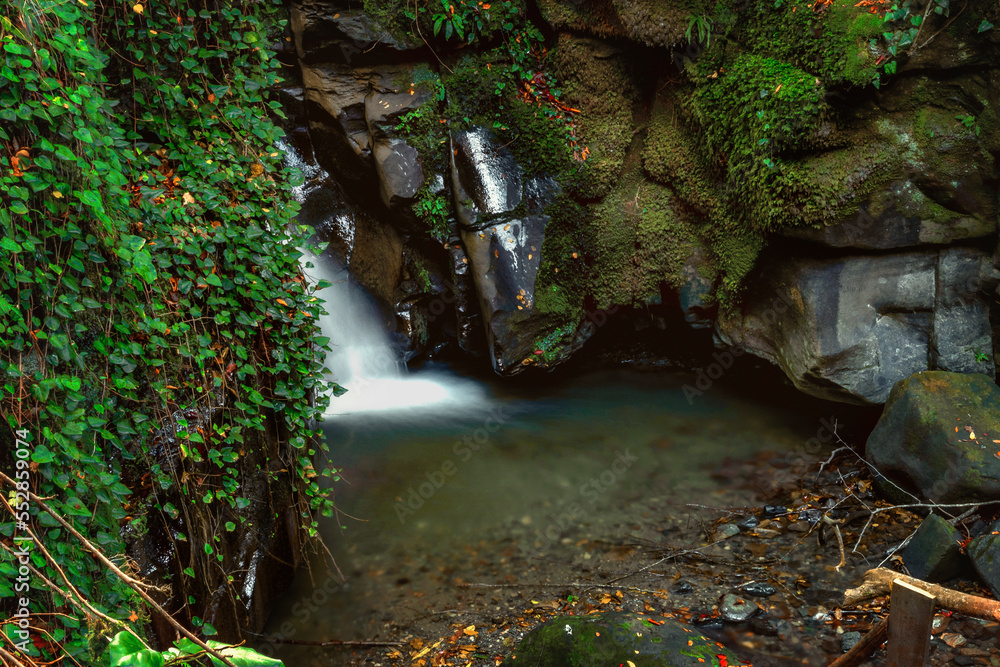 Fototapeta premium A mountain river among rocks and yellow-red leaves. A long exposition of a river flowing over rocks in an autumn forest. A beautiful waterfall stream with a long exposure, surrounded by fallen leaves.