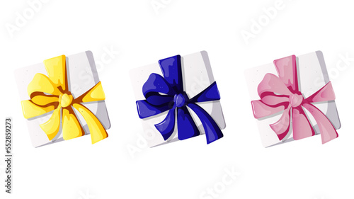 Set of gIft box with pink  yellow or blue bow on the white background. Isolated vector illustration for card  invitation  cover  design projects.