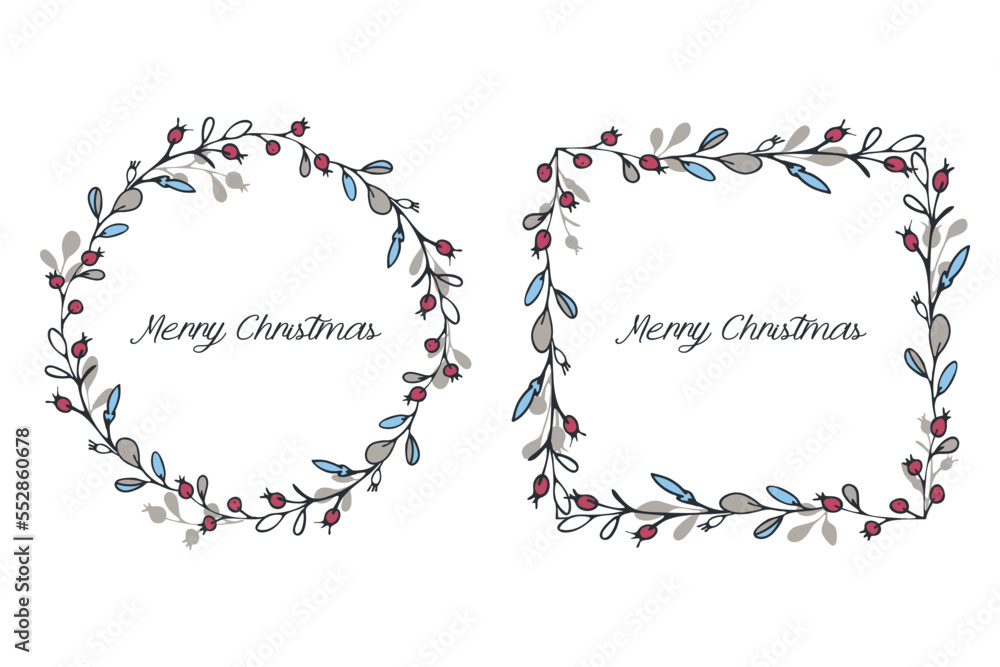Fototapeta premium Christmas frames set. Winter holiday wreath, square board. Cute doodle hand drawn illustrations. Branches, leaves, berry drawings. White background. Vector