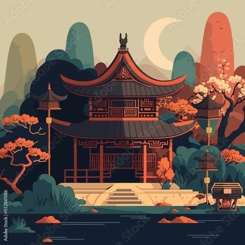 illustration of asian Chinese Japan temple castle and mountains background