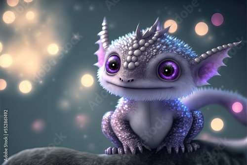 Cute luminescent icy violet baby dragon looking creature  generative ai.