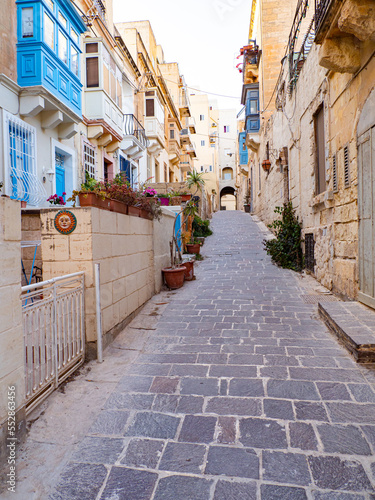 Sliema, Malta: May, 2021: Beautiful Maltese wooden colorful balconies called "gallarija" in Sliema. Most likely they come from the Arab Muxarabiji.  Europe © Mirek