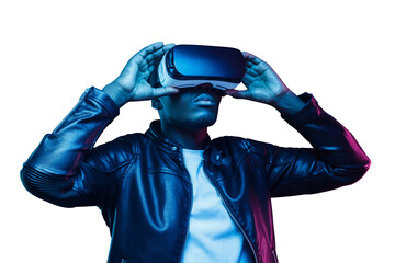 African american man in vr glasses, watching 360 degree video with virtual reality headset isolated on black background