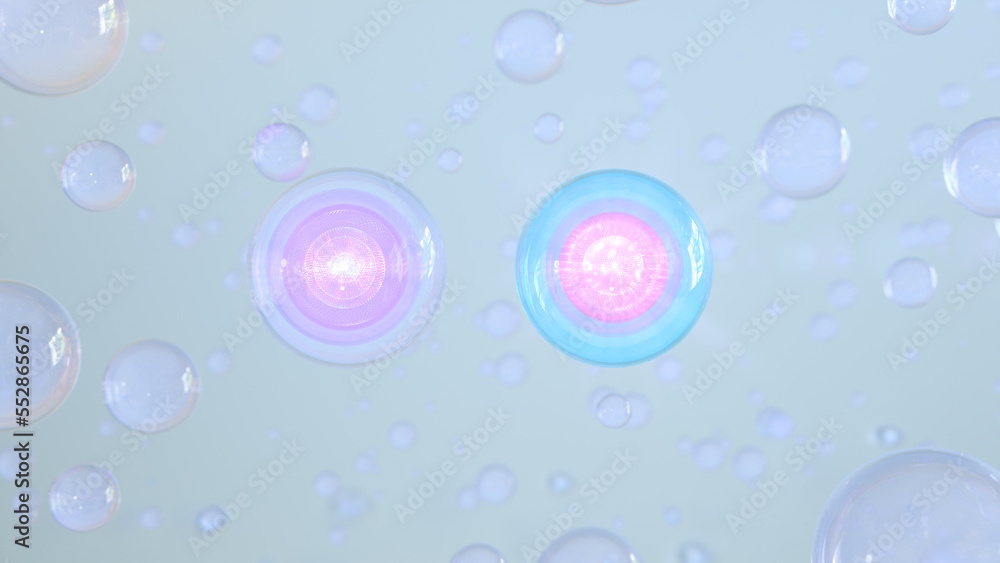 cosmetic Bubbles of serum on a blurry background. Design for collagen bubbles. Ideas for Moisturizing Cream and Serum. Vitamin for personal care and beauty concept. a 3D rendering