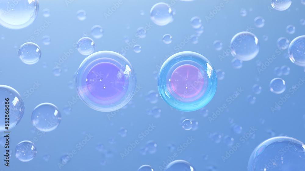3D cosmetic rendering Bubbles of serum on a fuzzy background. Design of collagen bubbles. The concept for Moisturizing Cream and Serum. The idea of vitamins for cosmetics.