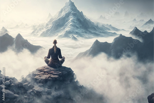 Woman meditating in a yoga pose on the peak of a mountain. She is in a zen like state overlooking a majestic view with clouds and mist. Created with generative AI software, 