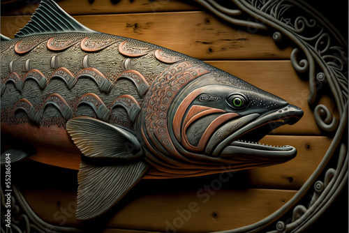 Intricate details on a chinook salmon trophy mounted on a wall. Created with generative AI software. photo