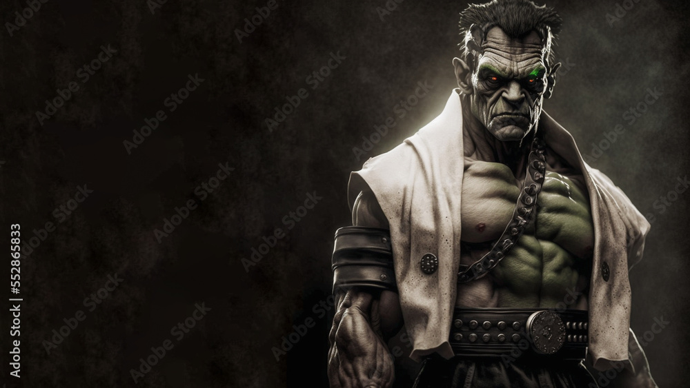 Muscular Frankenstein man wearing a karate gi with a black belt. Created with generative AI software. Muscular Frankenstein man wearing a karate gi with a black belt. Created with generative AI software.