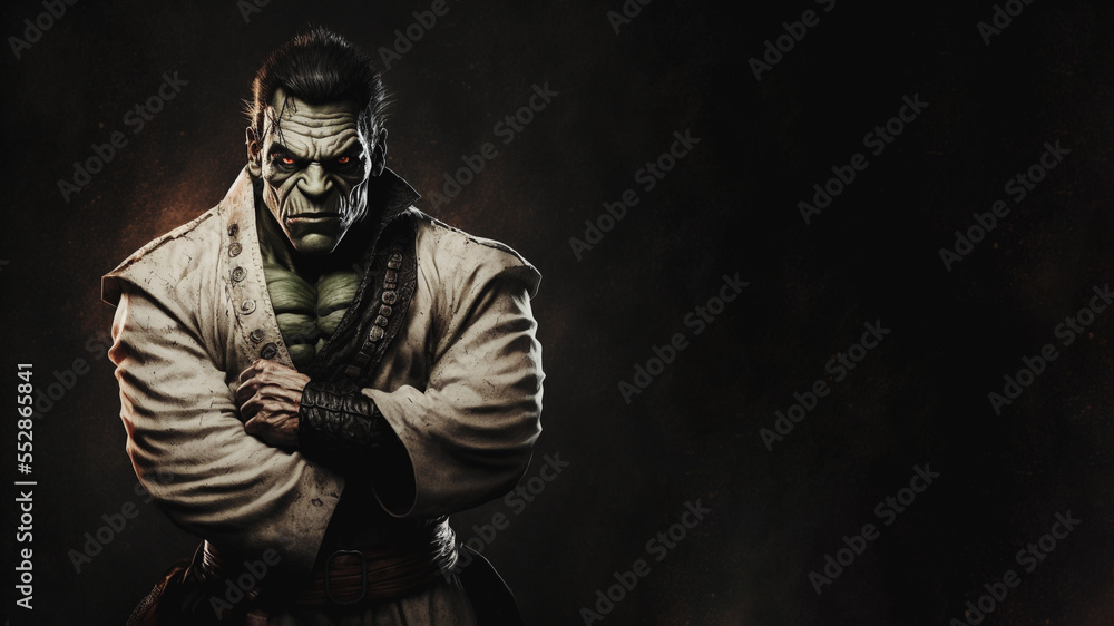 Muscular Frankenstein man wearing a karate gi with a black belt. Created with generative AI software. Muscular Frankenstein man wearing a karate gi with a black belt. Created with generative AI software.