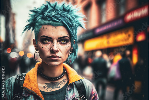 Fotografia, Obraz Punk rock girl with spiked blue hair and a tough attitude in urban city