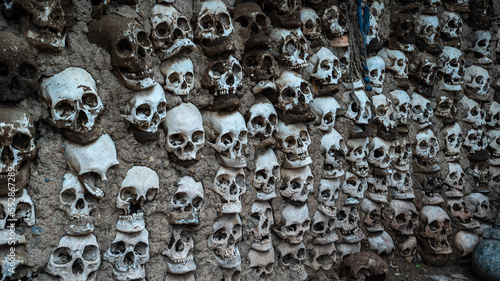Full Frame Shot Of Human Skull And Bones Mounted On Wall At Tibet, China photo