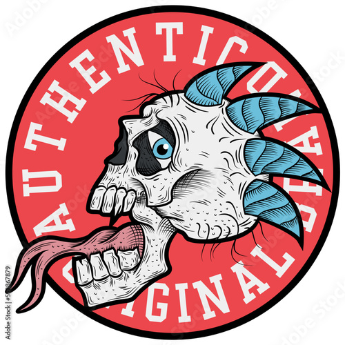 Illustration vector with text Authentic Original engrave skull with horns vintage Motorcycle