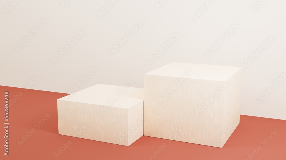 Empty wood podium in red room, wall illuminated by sunlight. Simple presentation scene for product presentation or print packaging. 3d render illustrationa Empty wood podium in red room, wall illuminated by sunlight. Simple presentation scene for product presentation or print packaging. 3d render illustrationa