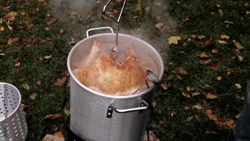 Checking large turkey being deep fried in peanut and soy oil blend in large pot at back yard.