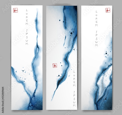 Three banners with abstract blue ink wash painting in minimalist oriental style. Traditional oriental ink painting sumi-e, u-sin, go-hua. Translation of hieroglyph - zen