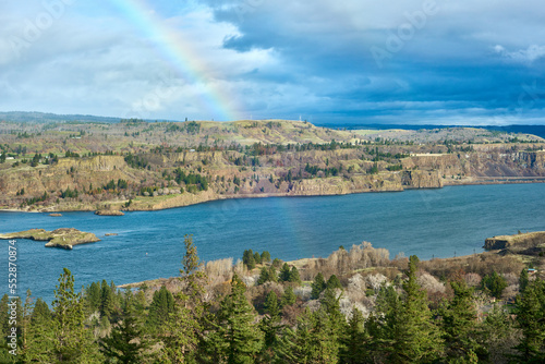 Rainbow over the Columbia River Gorge in Oregon.