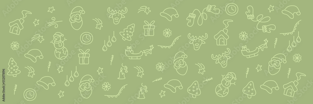 Christmas flyers are green backgrounds with Santa Claus, tr, deer, snowmen, gifts, snowflakes, stars, and other symbols. Hand-drawn vector illustrations in doodle and cartoon style Christmas flyers are green backgrounds with Santa Claus, tr, deer, snowmen, gifts, snowflakes, stars, and other symbols. Hand-drawn vector illustrations in doodle and cartoon style