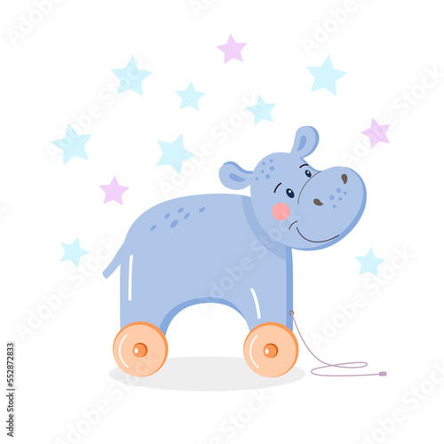 Wooden violet hippo on wheels on  white isolated background. Cute toy for kids. Vector children's illustration of an African animal with stars in cartoon style.