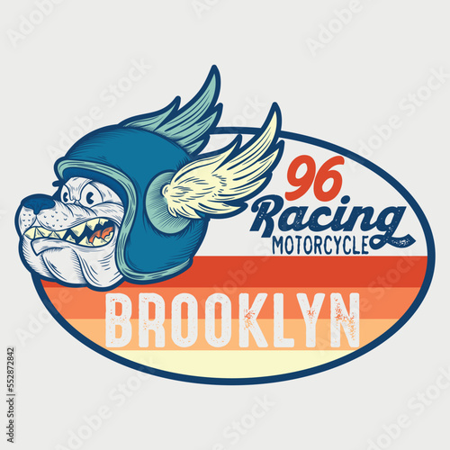 Brooklyn Racing Portrait of a dog in retro motorcyclist helmet. Vector illustration.