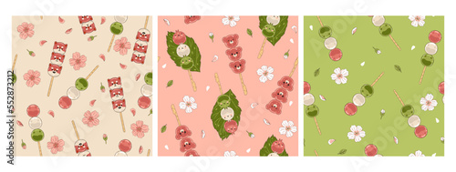 Set of seamless patterns with Japanese dango dessert. Vector graphics.
