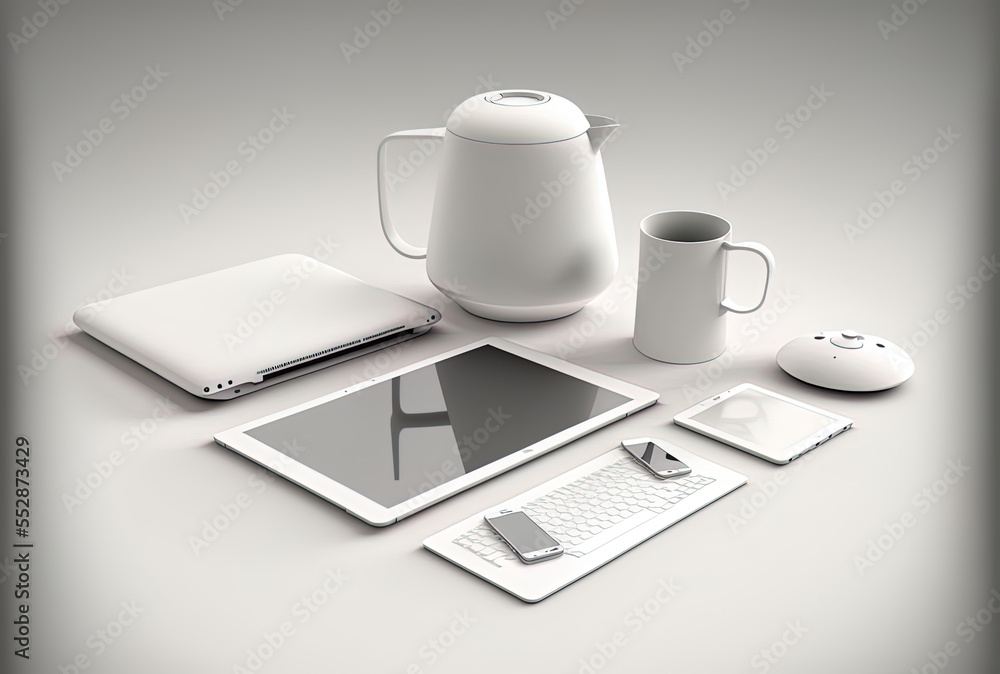 contemporary technology on a white surface. On a white wall are a laptop, a tablet, a smartphone, and a white empty cup. perspective from the top of contemporary technology used for work or internet b contemporary technology on a white surface. On a white wall are a laptop, a tablet, a smartphone, and a white empty cup. perspective from the top of contemporary technology used for work or internet b