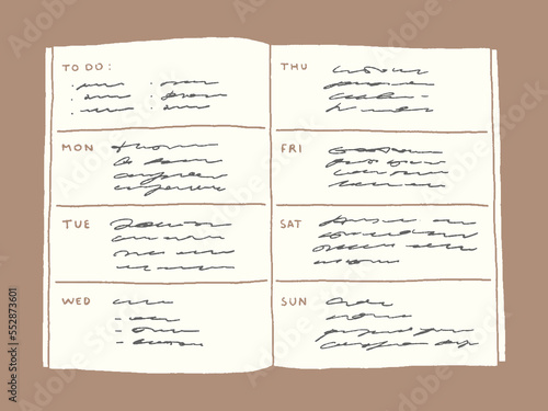 Open weekly planner with handwritten abstract text. Flat bold vector illustration of a diary with weekly page 