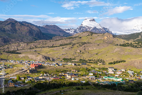 panoramic view of el chalten town and fitz roy peak at background, argentina