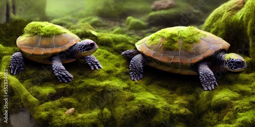 A pair of turtles on top of a field of green moss