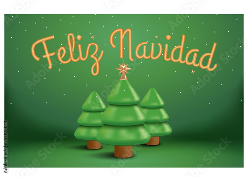 árboles navideños con letrero de feliz navidad de color dorado