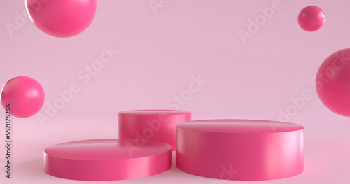 Abstract 3D room with realistic Viva Magenta cylinder pedestal podium and white bouncing balls background.