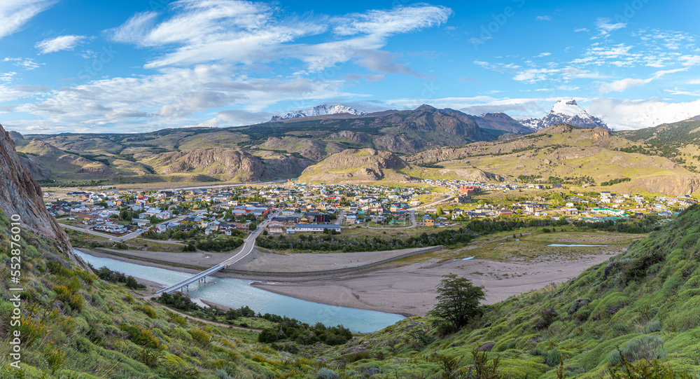 panoramic view of el chalten town and fitz roy peak at background, argentina