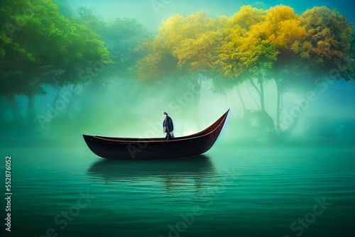 A tranquil boat sails along a river of fantasy, creating a mesmerizing and enchanting atmosphere. Ideal for graphics that evoke peace, dreams and imagination.
