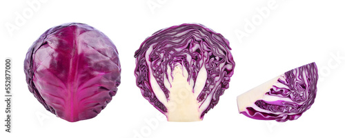 Whole and slices red cabbage isolated on white background