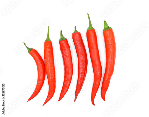 Red hot chili peppers isolated on white background. Top view
